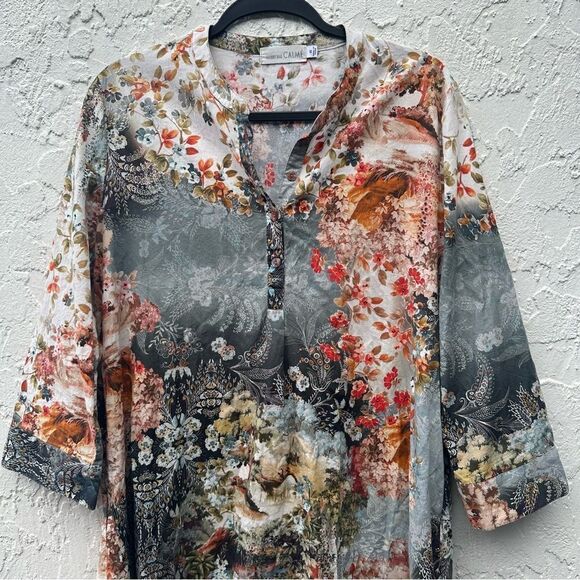 JOHNNY WAS Calme Dress Women XS Henley Shift Kaftan Floral Boho Oversized‎ - Picture 3 of 10